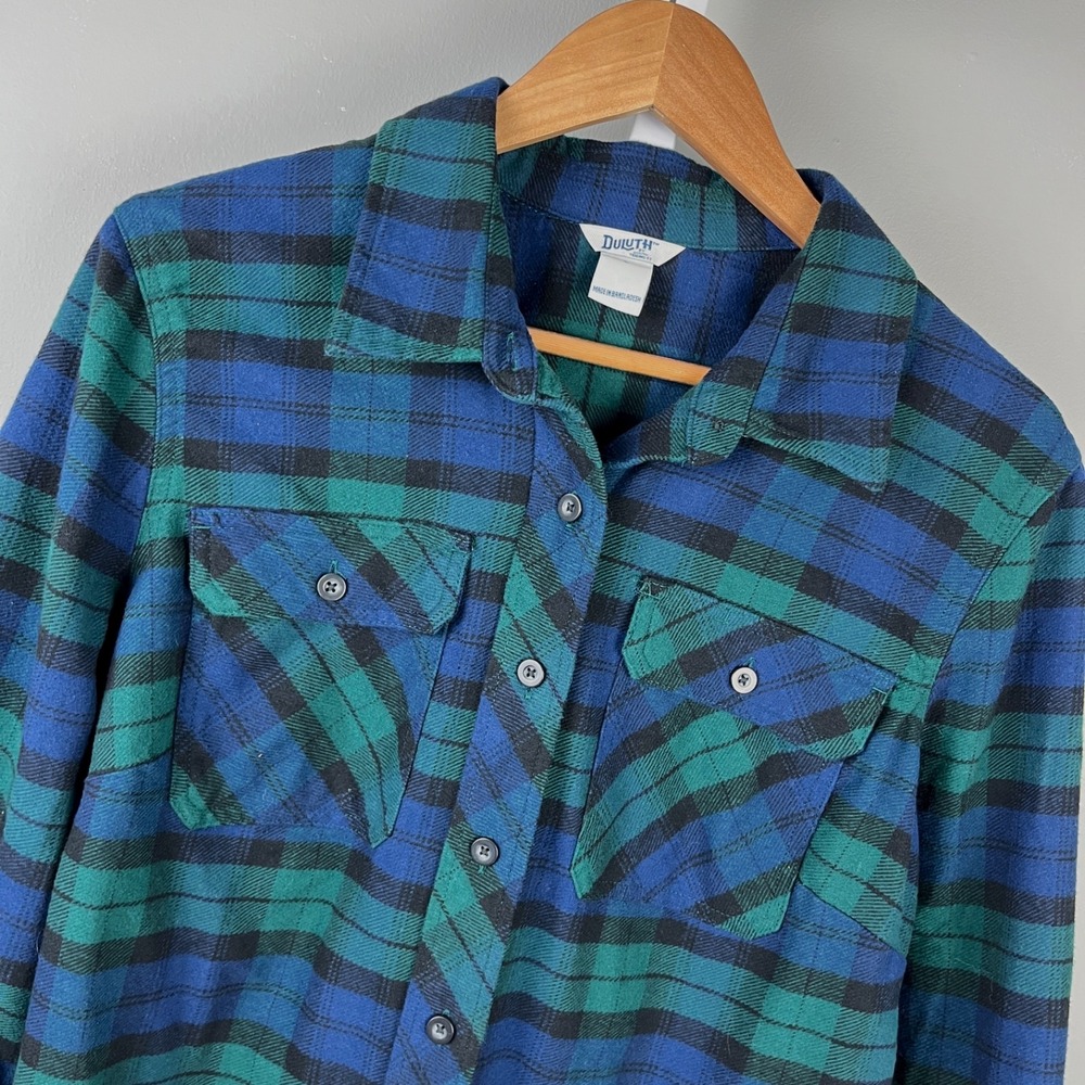 Duluth Trading‎ Co Folklore Flannel Shirt Womens L Blackwatch Plaid Thick